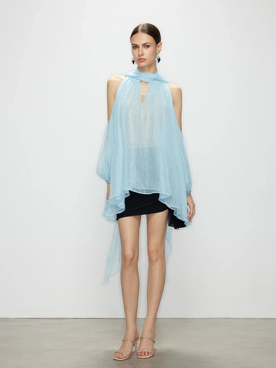 Light Blue Tulle Cold Shoulder Blouse Top - Aurorette | Artel Retro