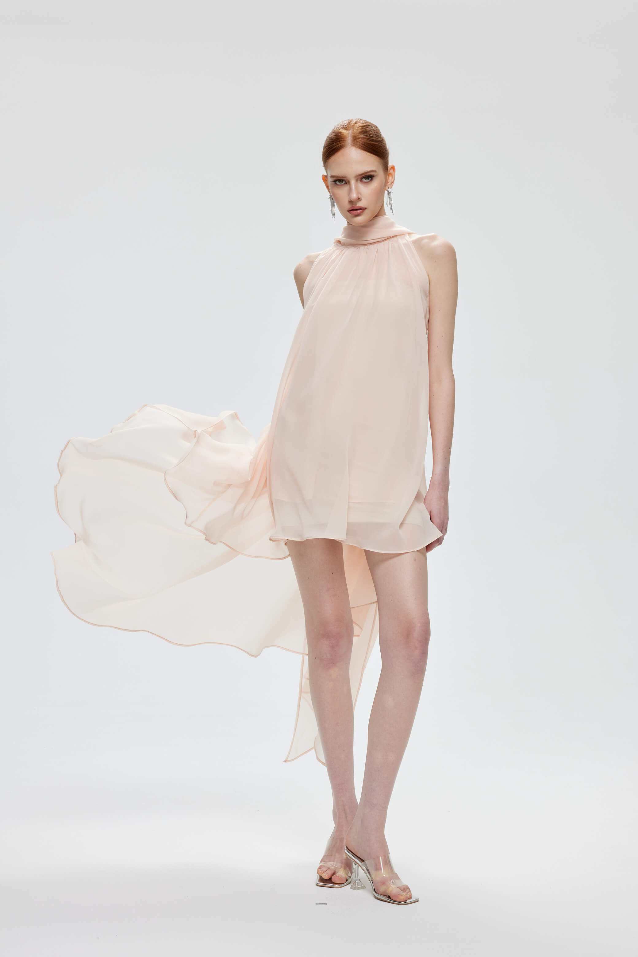 light pink high neck dress Light Pink High Neck Chiffon Mini Dress with Flowing Train - Rosalie