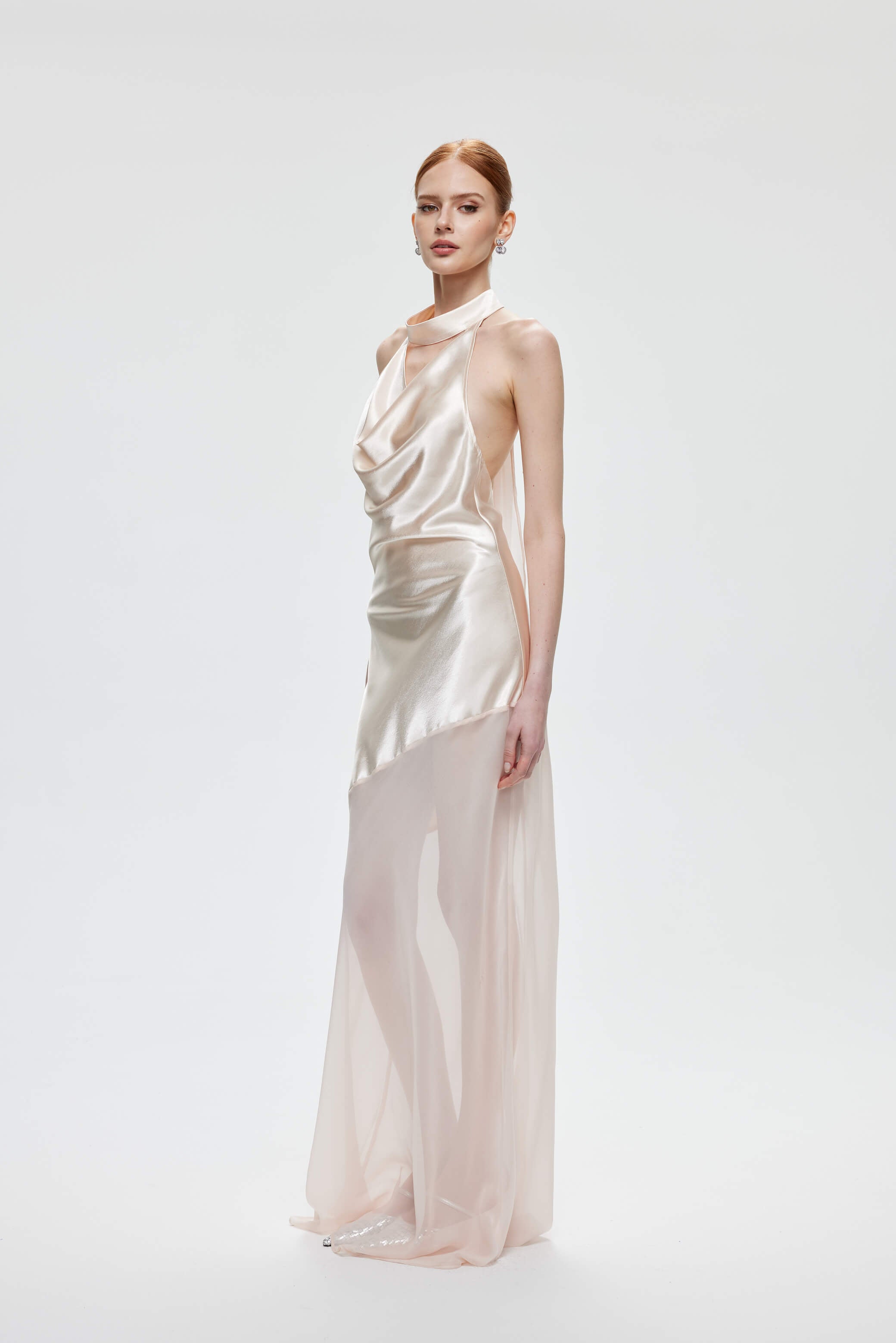 champagne cowl neck maxi dress Champagne Pink Cowl Neck Satin and Sheer Maxi Dress - Camelia
