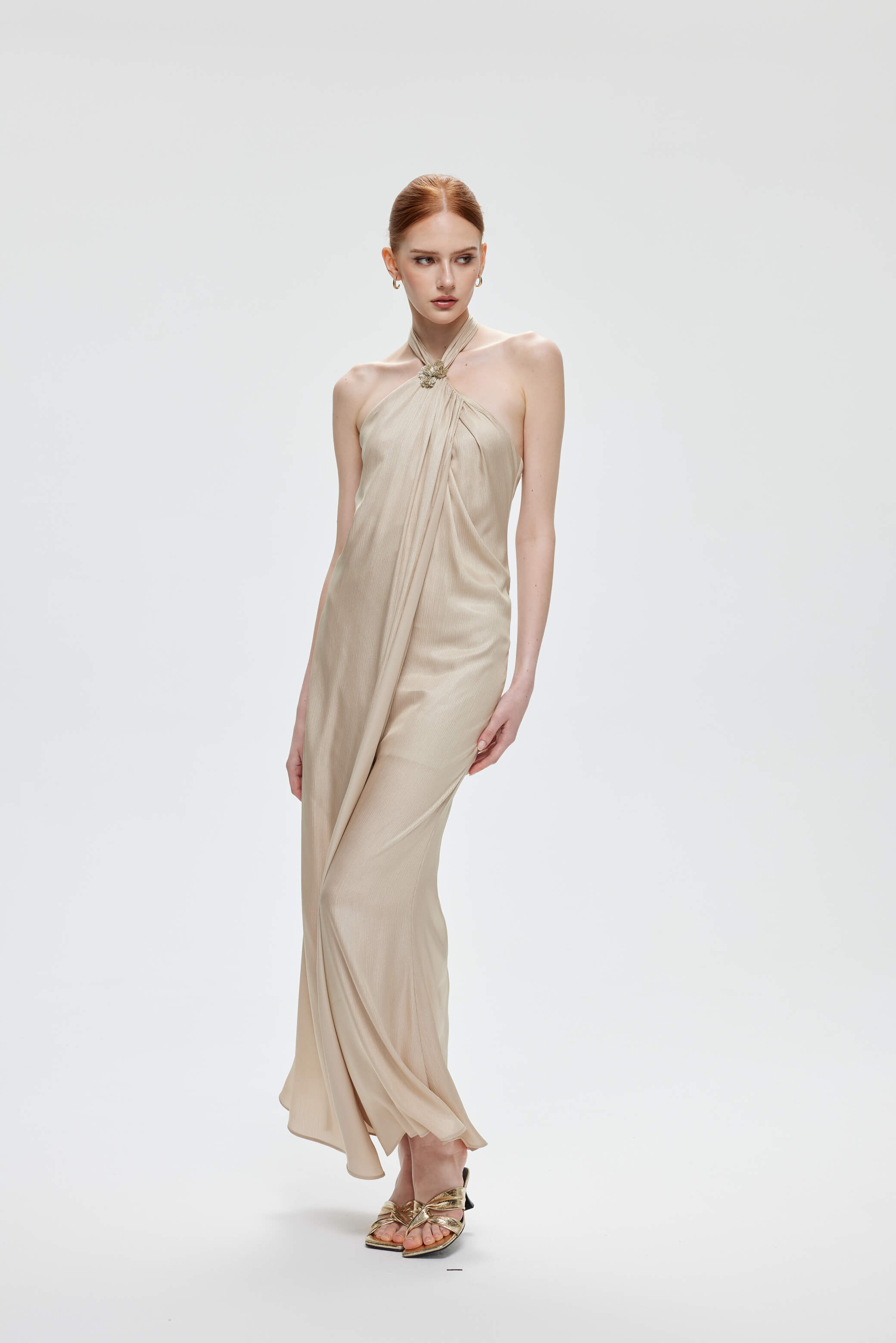 Champagne Textured Satin Halter Maxi Dress - Calla
