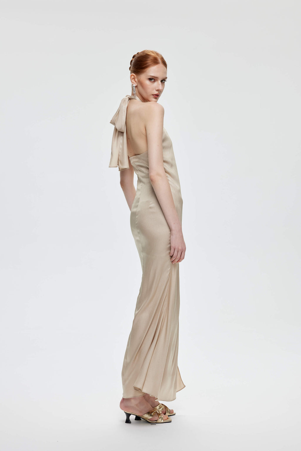 champagne satin halter dress Halter draped gown