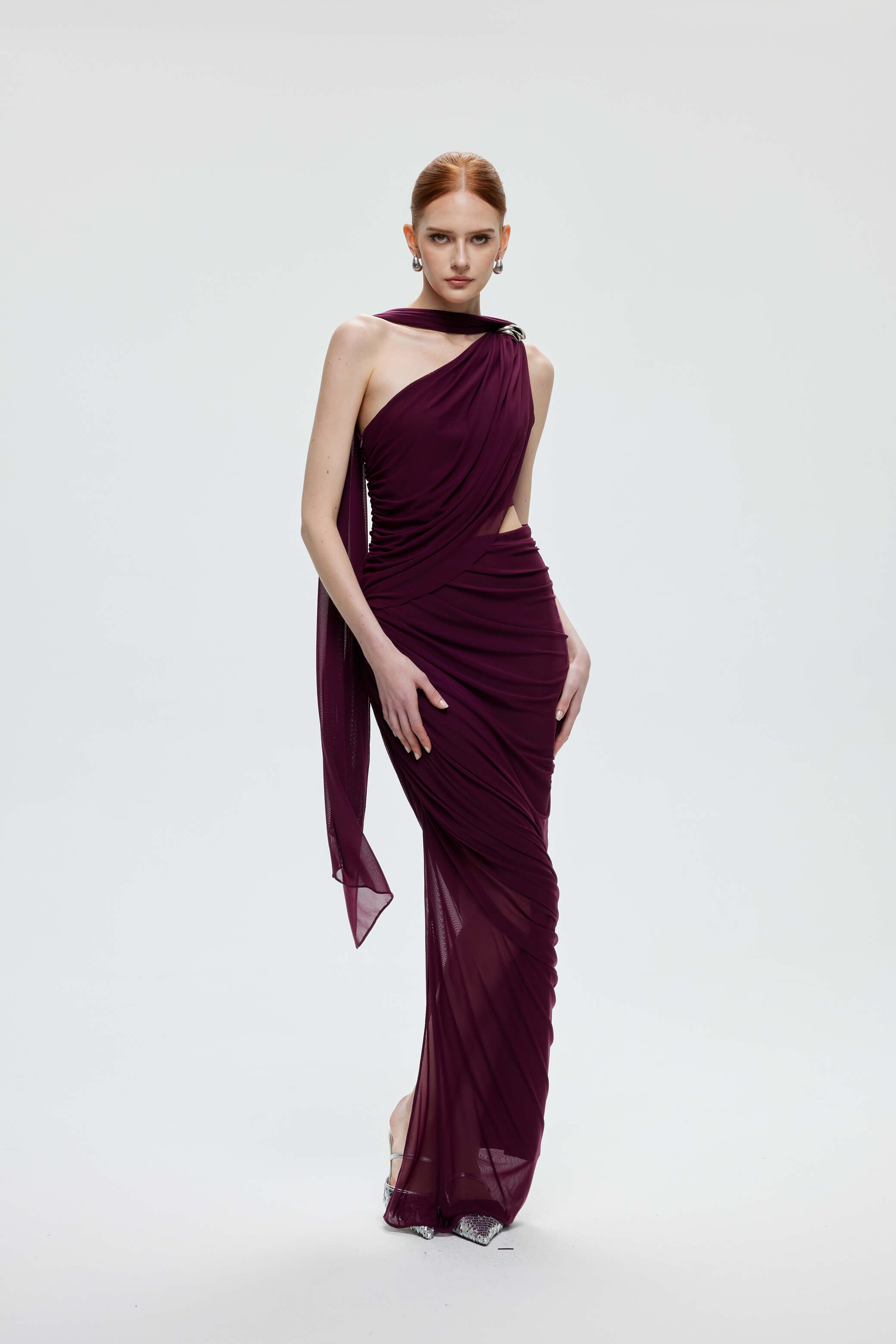 asymmetric one shoulder ruched detail maxi dress in wine slinky Kaitlin One Shoulder Slinky And Mesh Maxi Dress