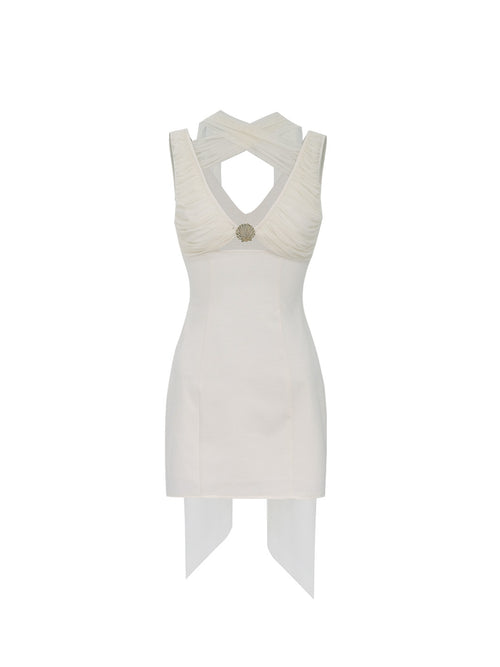 Product photo of the eclipse white shell dress showing the tailored front bodice and chest cutout.