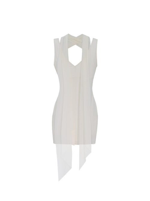 Product photo of the back of the eclipse white v-neck bodycon mini dress, displaying the elegant shoulder straps and fabric drape.