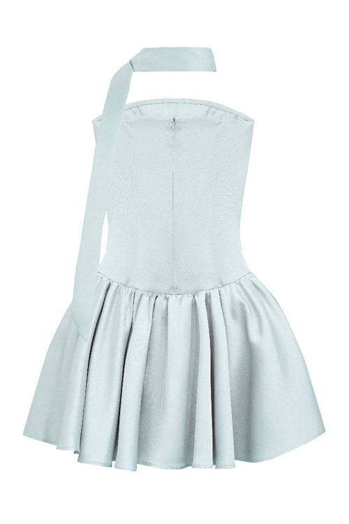 Back view of light blue strapless mini dress showing zipper closure and skirt pleats isolated on white background.