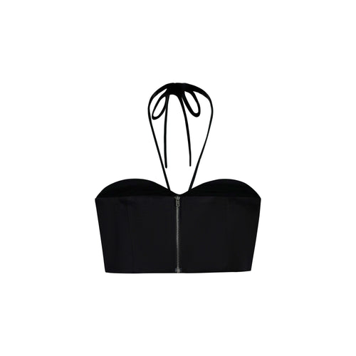 Back view of the Aveline black strapless top displaying the garment construction and fabric texture