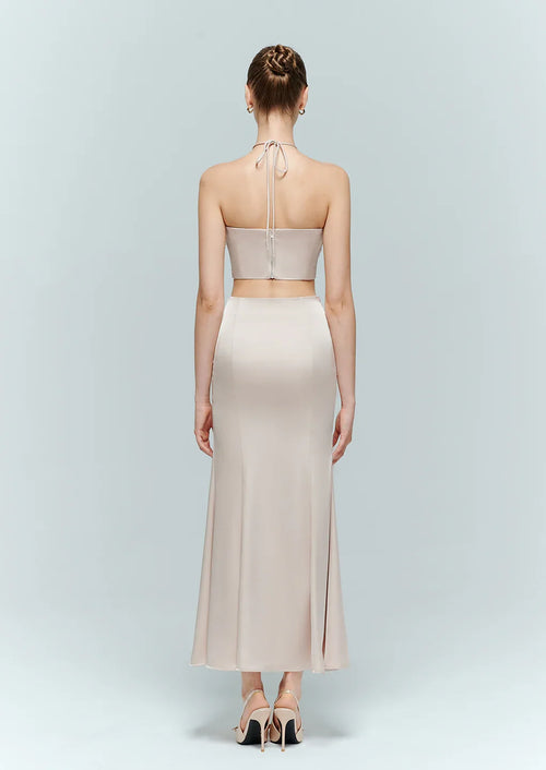 Back view of the Aveline going out halter top paired with a maxi skirt, displaying the elegant back silhouette and delicate tie details