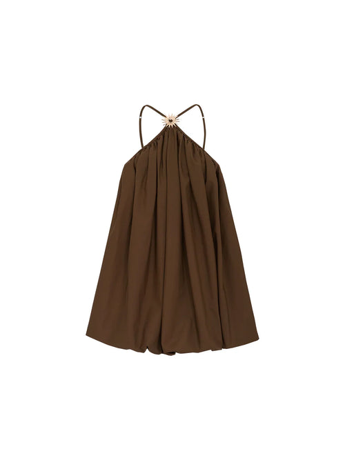 Flat lay product shot of the front of the Élan bubble hem dress in chocolate brown, showing the gathered halter neckline and bubble silhouette.