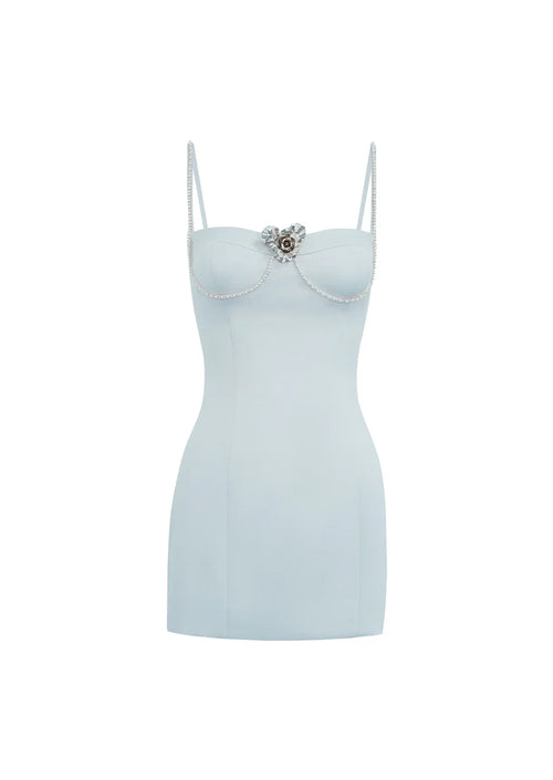 Product shot of the Artel Retro light blue dress, an elegant bodycon mini dress with crystal chain detailing.