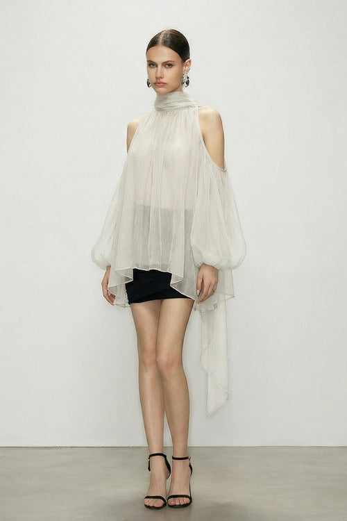 Aurorette White Tulle Top featuring a pristine airy design and cold shoulder detail.