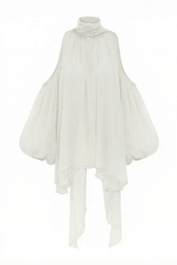 Aurorette White Tulle Top shown on a white background, highlighting the sheer texture and bias cut.