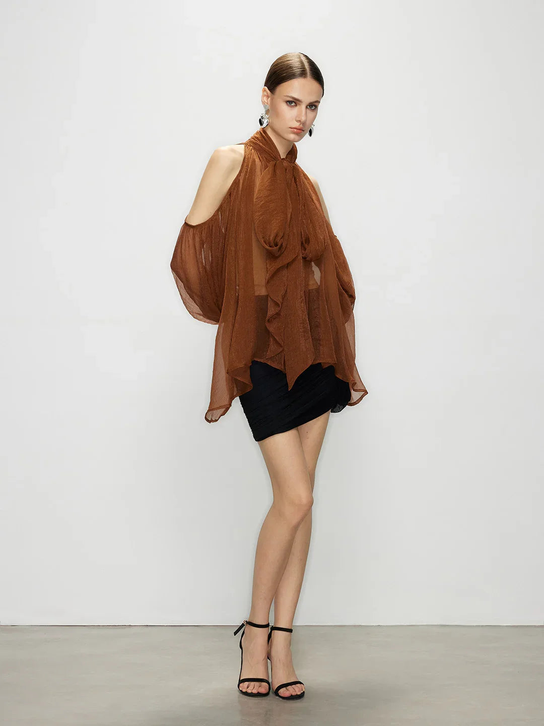 Aurorette Brown Tulle Drape Top - Cold Shoulder Blouse | Artel Retro