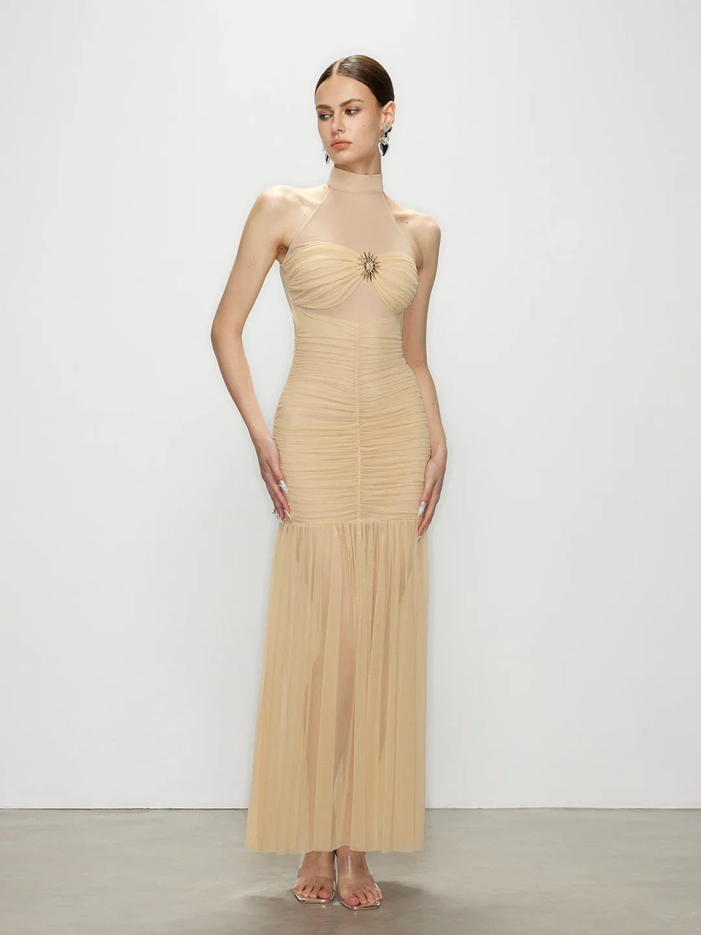 Champagne Ruched Halter Maxi Dress - Celestia | Artel Retro 42 Champagne Ruched Halter Maxi Dress - Celestia | Artel Retro 42
