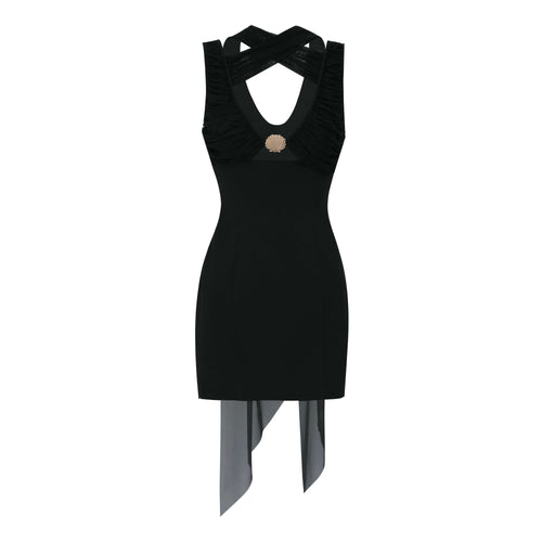 Front product view of the Eclipse shell dress in black. This stylish black mini dress features a distinctive cross-halter neckline, an integrated deep v-neck cut-out with shell hardware, and sheer draped accents