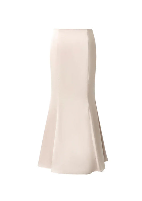 Product shot of the back of a light pink satin maxi skirt, showcasing its smooth elegance and tailored fit