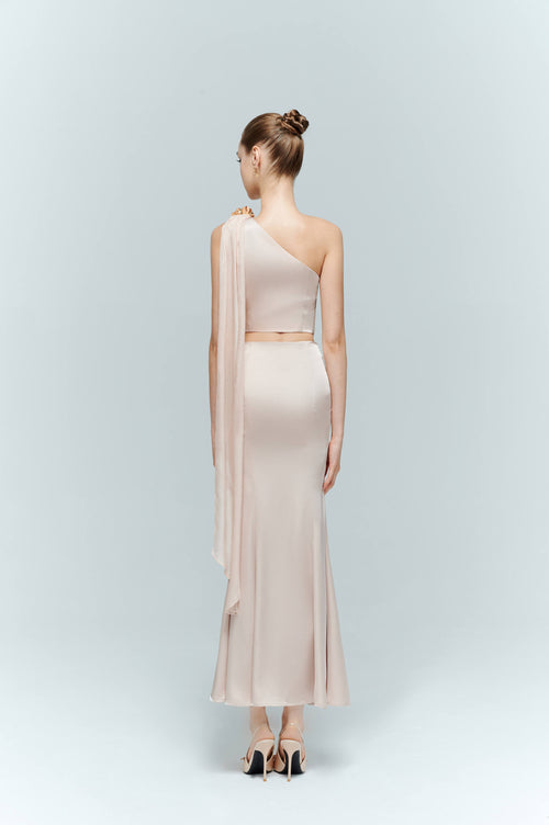 Back view of a model wearing dahlia: a flowing pink maxi skirt paired with a matching draped seraphine top