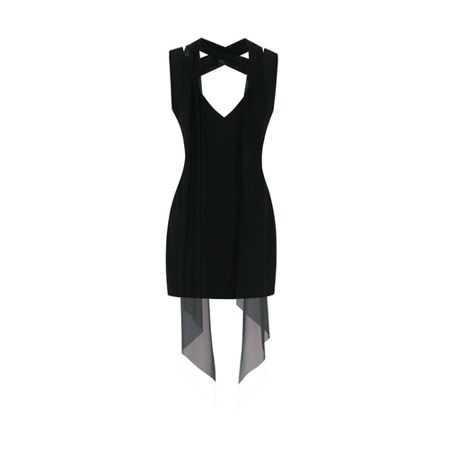 Back product view of the Eclipse black bodycon dress. The garment showcases a minimalist open-back design with wide crossed straps, a fitted skirt, and sheer trailing details.