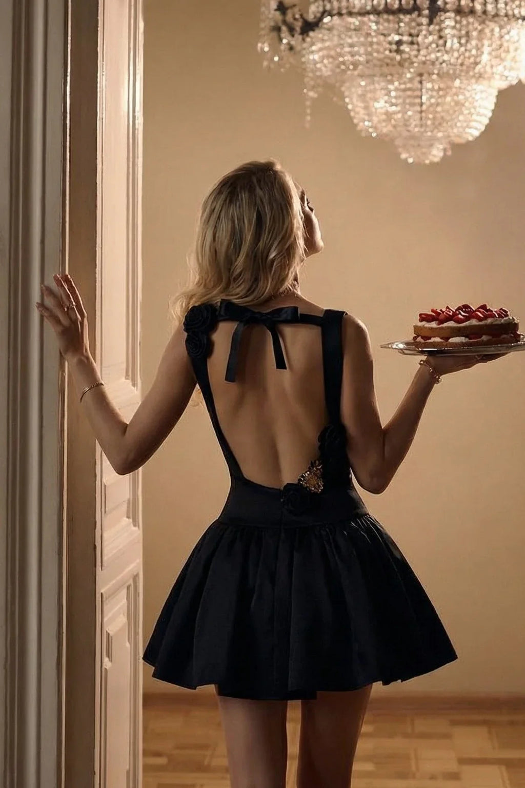 Black Backless Mini Dress with Gold Floral Embellishment - Etoile