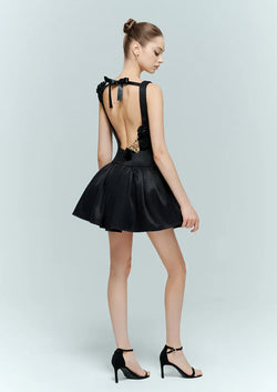 Etoile black backless mini dress back view with gold floral embellishments – Artel Retro