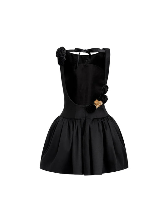 slim fit dress slacks Black Backless Mini Dress with Gold Floral Embellishment - Etoile main image 0