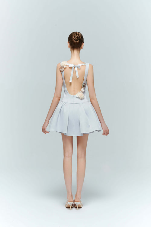  Etoile light blue open back mini dress with white floral embroidery – Artel Retro