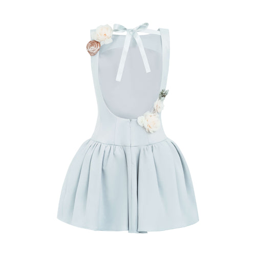 Mini dress with open back ribbon bow detail in light blue – Artel Retro