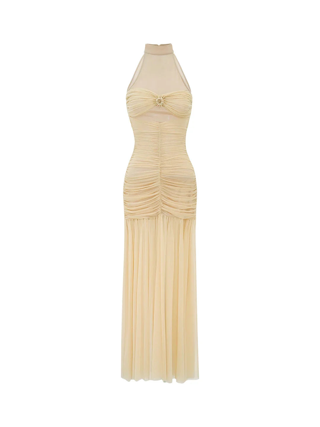 Champagne Ruched Halter Maxi Dress - Celestia