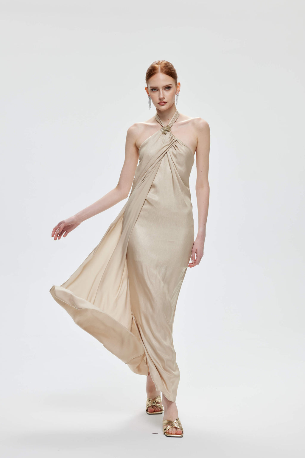 Champagne Textured Satin Halter Maxi Dress - Calla