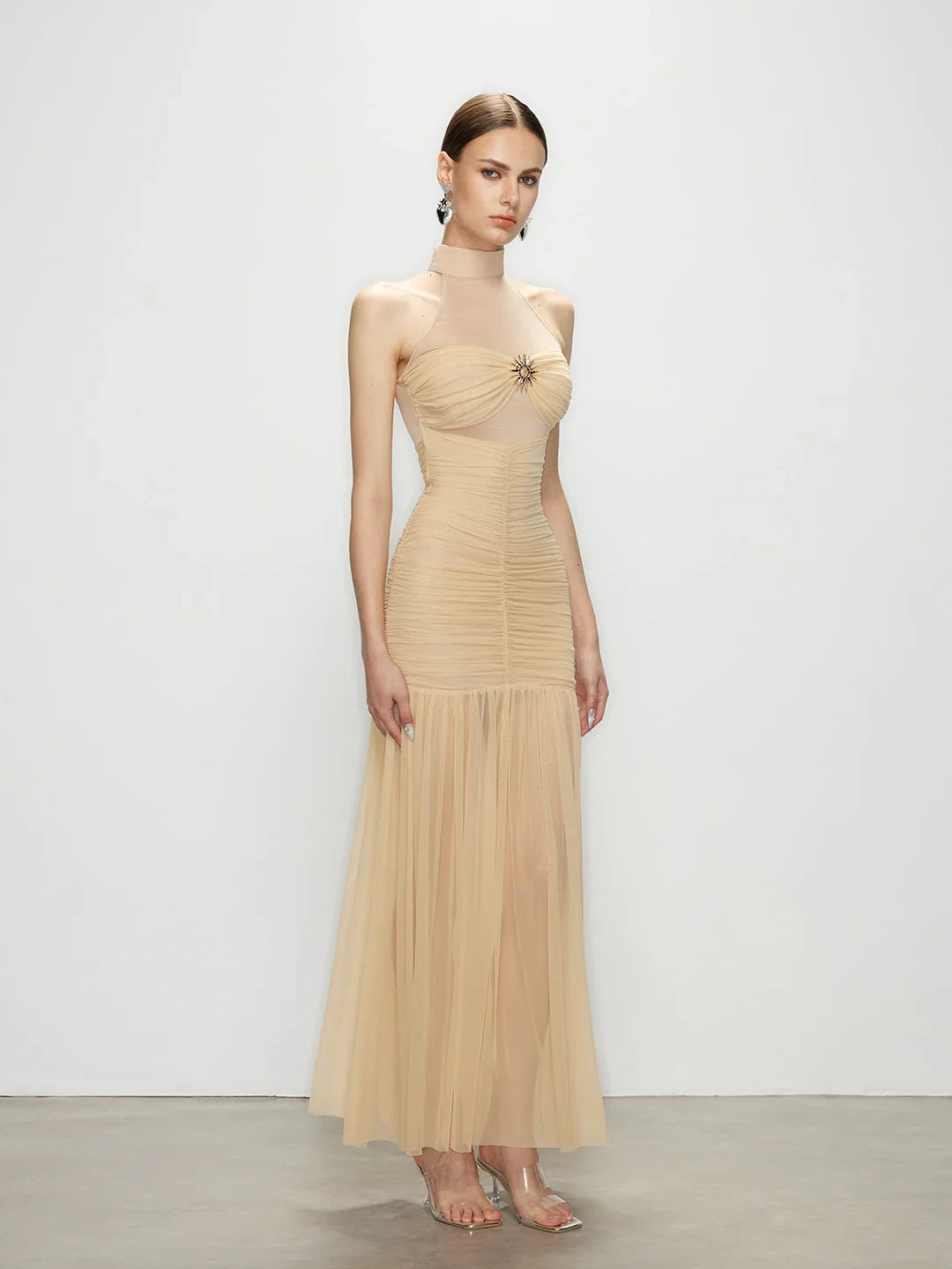 french connection celestia sheer wrap dress Champagne Ruched Halter Maxi Dress - Celestia