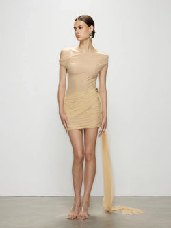 Champagne asymmetrical embellished mini dress – front view, gold sunburst waist, Artel Retro