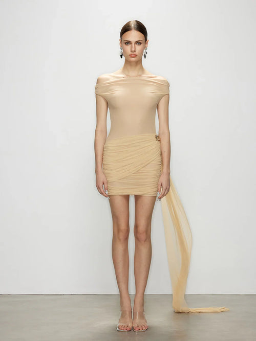 Hourglass champagne asymmetrical mini dress full front view – ruched mesh, Artel Retro