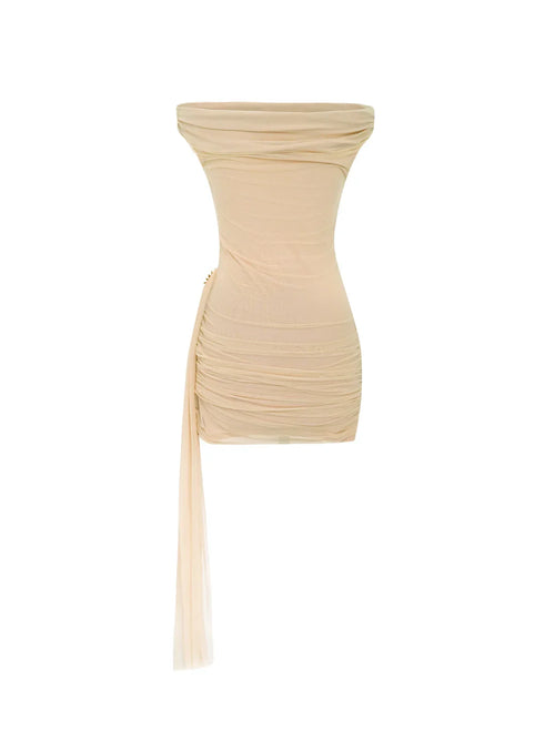 Hourglass champagne mini dress product back – asymmetric drape and gold sunburst detail