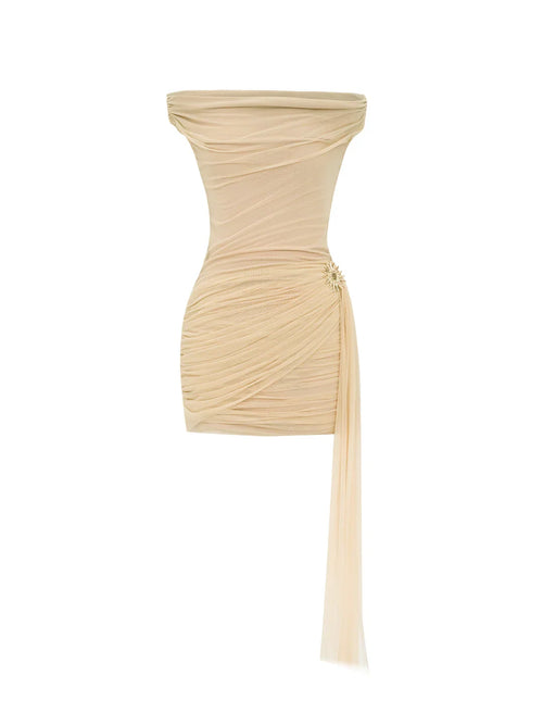 Champagne asymmetrical embellished mini dress product shot – front, Artel Retro