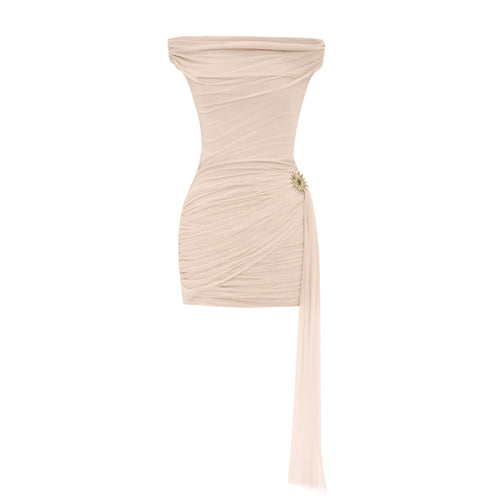 Hourglass light pink off the shoulder mini dress – blush ruched mesh, gold sunburst, Artel Retro