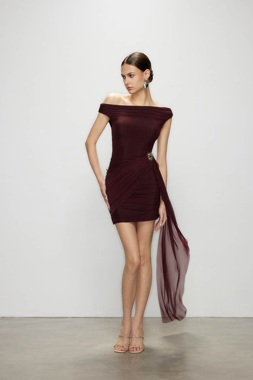 Hourglass maroon one shoulder mini dress – ruched mesh and gold waist motif, Artel Retro