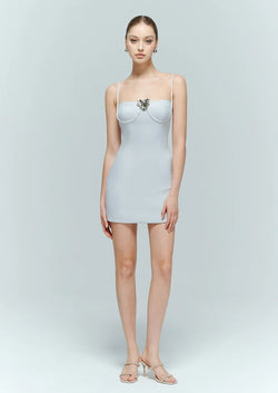 Front view of a model wearing the Enpure light blue bodycon mini dress, an elegant tailored silhouette