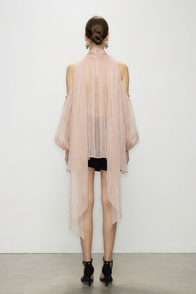 Light Pink Tulle Top | Cold Shoulder Blouse - Aurorette | Artel Retro