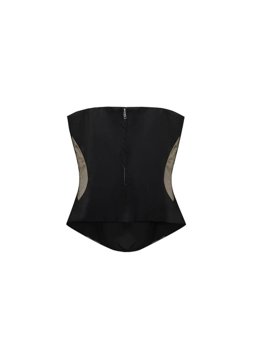 Back view of the Marcelline black corset top on a white background, showing the structural seaming and zipper.