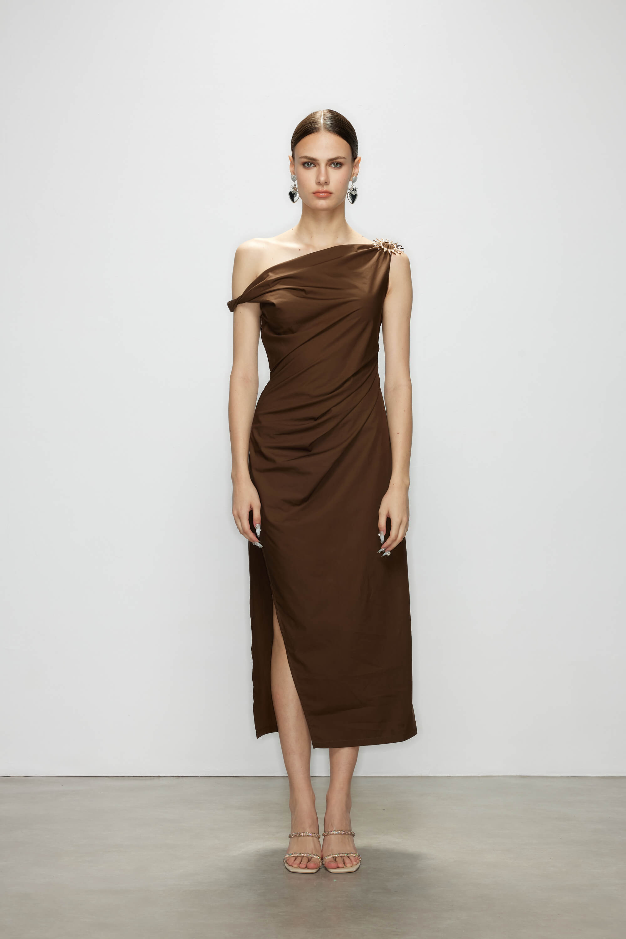 chocolate brown sheath dress Ainslee Modal Square-Neck Midi Dress in Chocolate Brown