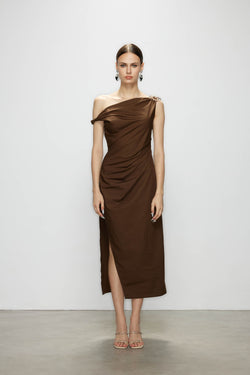 Full-length front view of the sleeveless chocolate brown dress, highlighting the flattering draped fabric and one-shoulder silhouette.