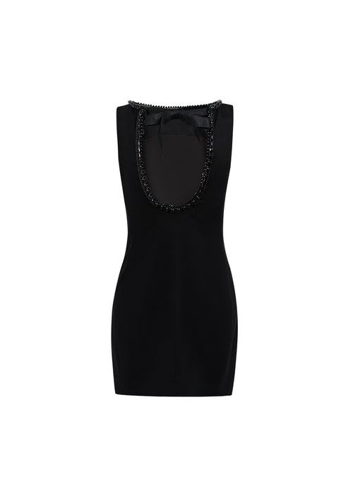 Product view detailing the deep open back and neckline closure of the black backless mini dress