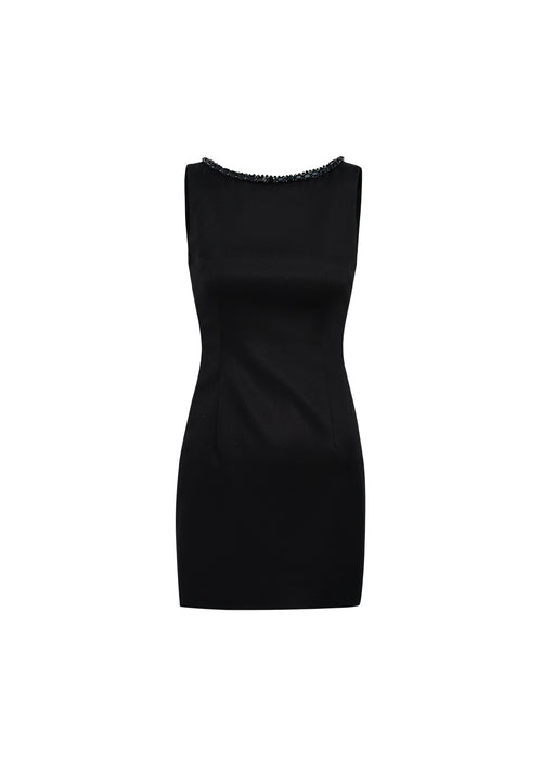 Product flat lay of the sleeveless black bodycon dress neckline and tailored waist