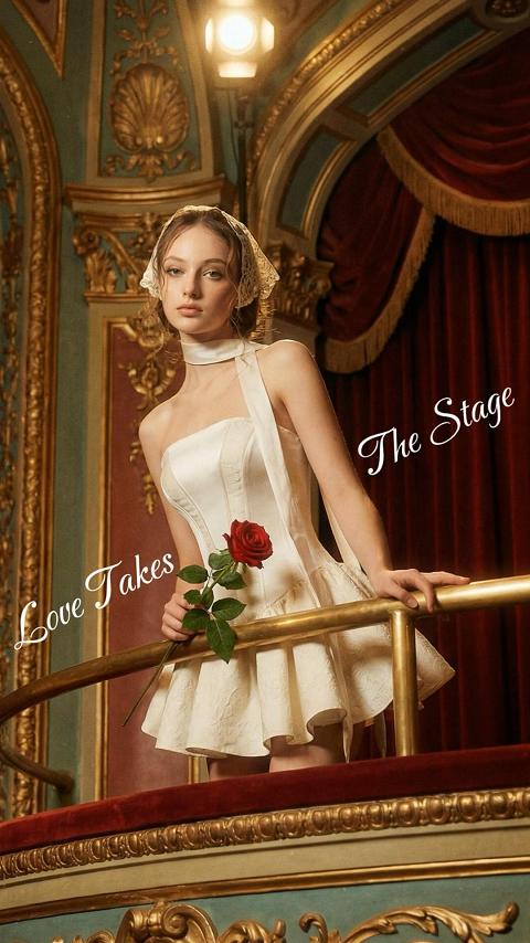 A woman steps from behind a red velvet curtain onto an ornate, gold-detailed theatre balcony. She models the Artel Retro Arles white corset mini dress, styled elegantly with a delicate lace headpiece and a matching neck scarf. She leans gracefully against the brass railing, holding a single red rose. The video concludes with elegant script text appearing on the screen that reads, 'Love Takes The Stage.
