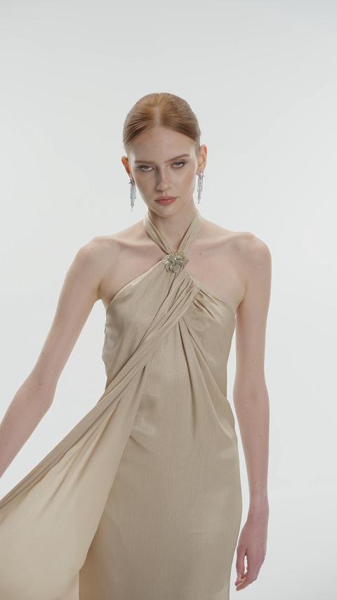 calla love champagne jacquard satin slip dress Darling Satin Dress - Champagne Midi Dress - Jacquard Dress