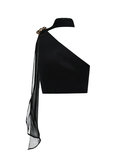 Back view of the Seraphine black crop top garment without a model, displaying the premium fabric construction.