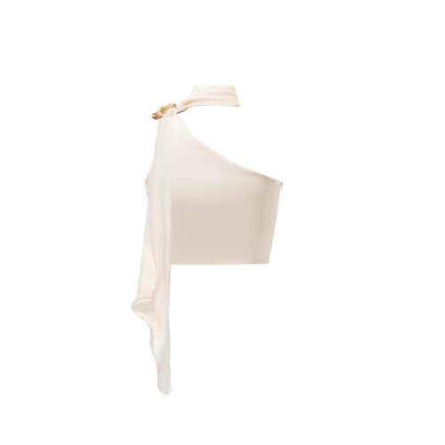 Back view of the Seraphine designer crop top garment without a model, showing the seamless side closure and premium construction.