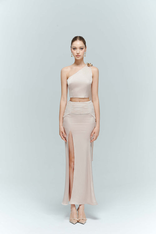 Full body front view of the Seraphine designer crop top paired with the matching Dahlia maxi skirt for a romantic formal silhouette.