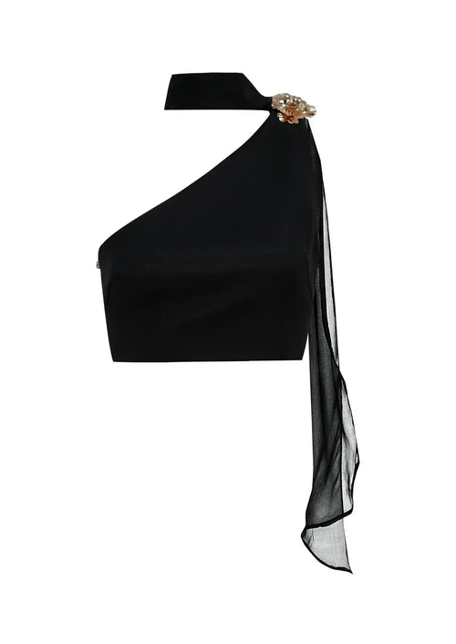 ront view of the Seraphine retro crop top garment without a model, featuring the architectural hardware and asymmetric cut.