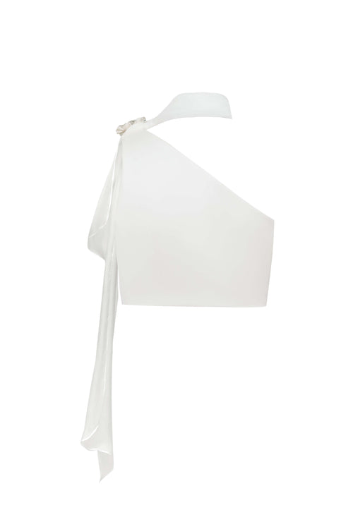 Back view of the Seraphine sleeveless crop top garment without a model, showing the premium satin construction and seamless side closure.