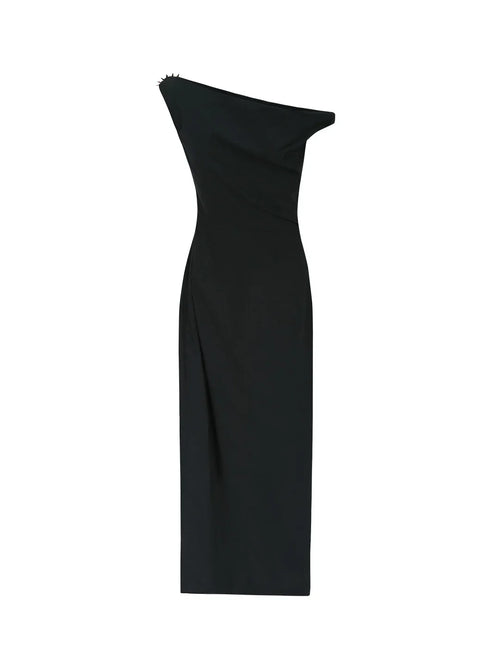 Clean product view of the black dress with one shoulder, emphasizing the minimalist elegant dress shape and tailored sleeveless silhouette.